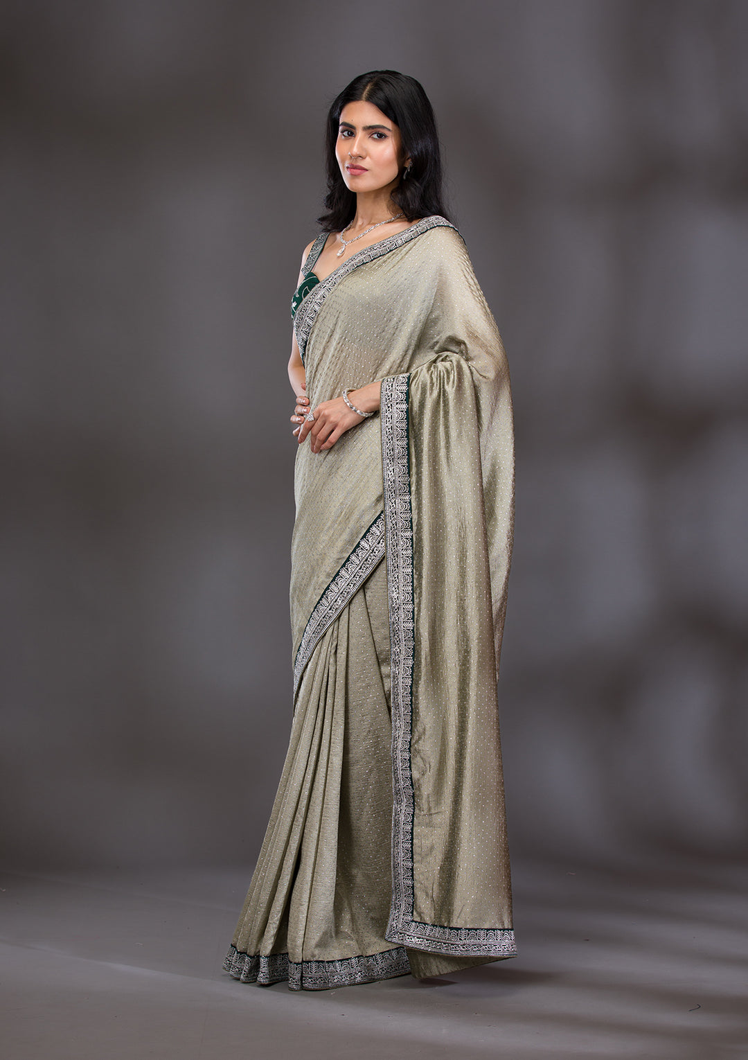 Pista Green Threadwork Raw Silk Saree