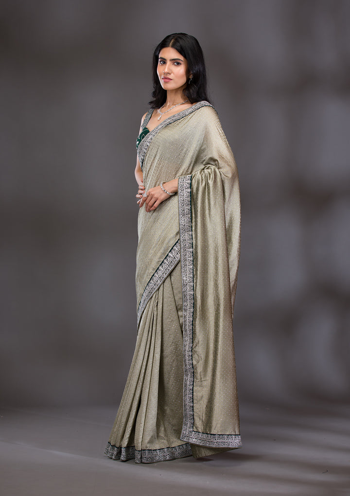 Pista Green Threadwork Raw Silk Saree
