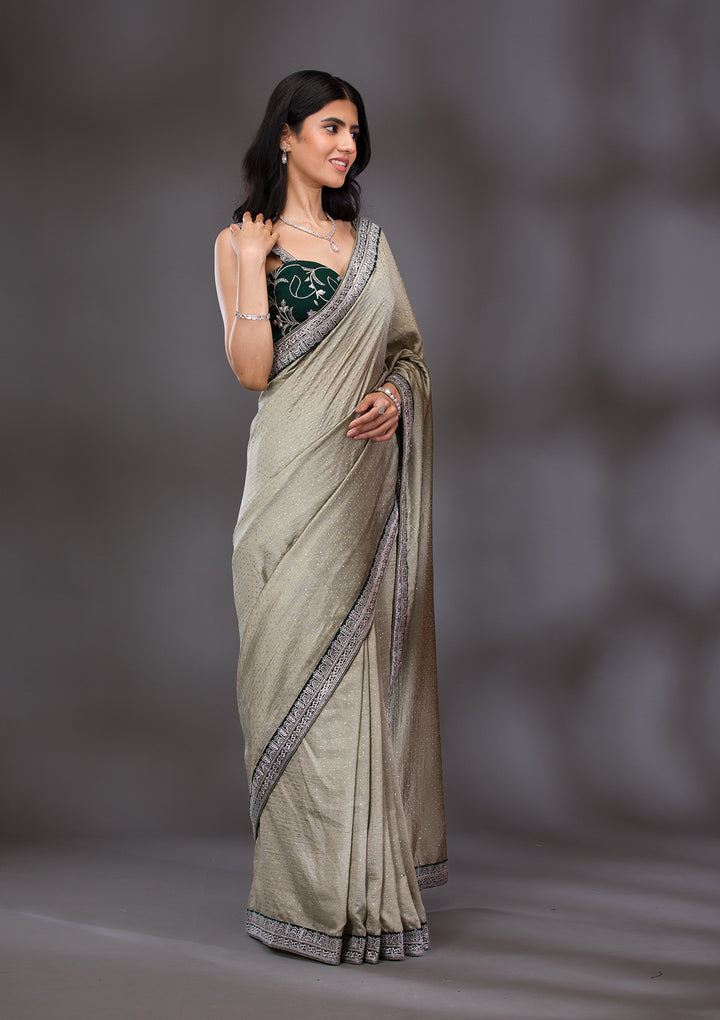 Pista Green Threadwork Raw Silk Saree