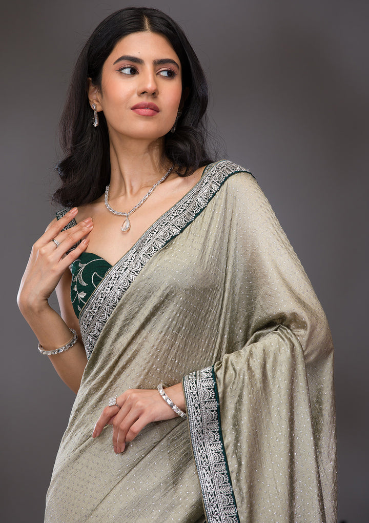 Pista Green Threadwork Raw Silk Saree