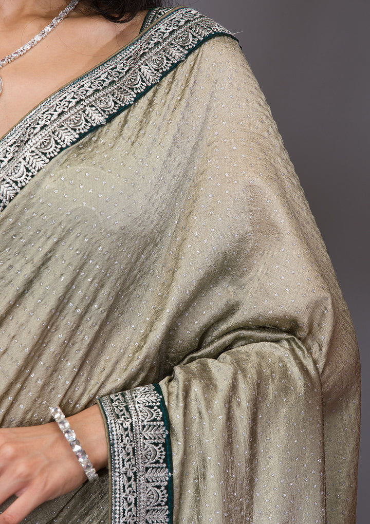 Pista Green Threadwork Raw Silk Saree