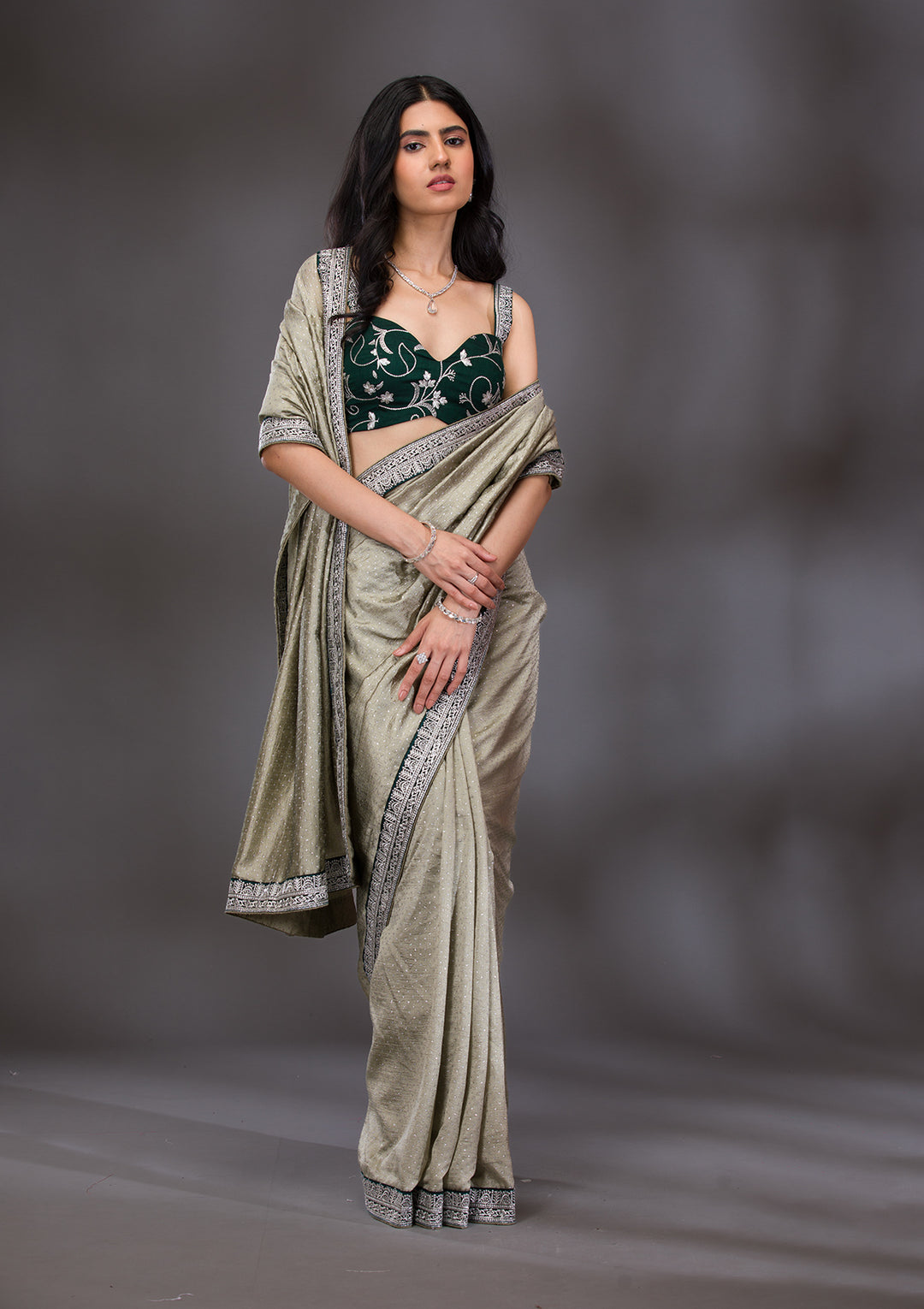 Pista Green Threadwork Raw Silk Saree