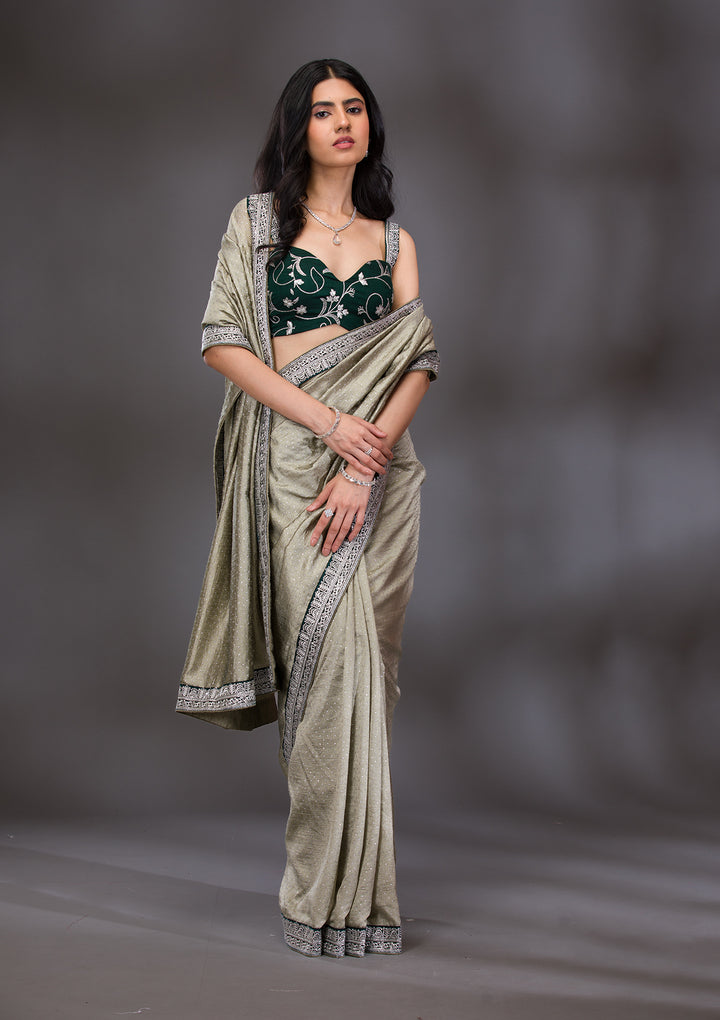Pista Green Threadwork Raw Silk Saree