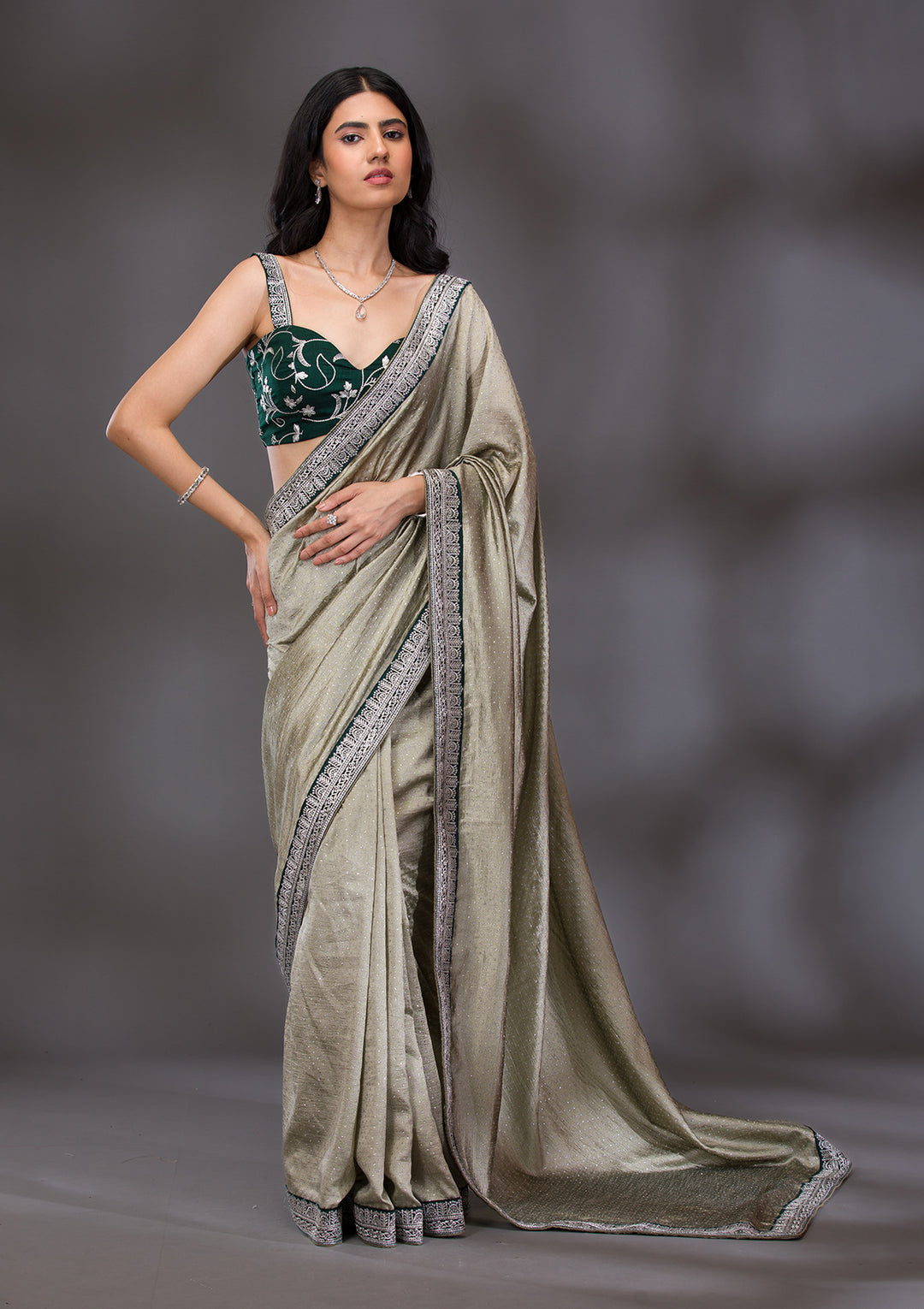 Pista Green Threadwork Raw Silk Saree