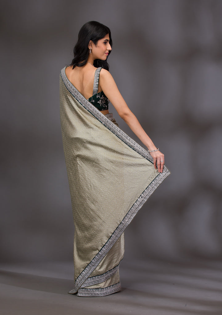 Pista Green Threadwork Raw Silk Saree