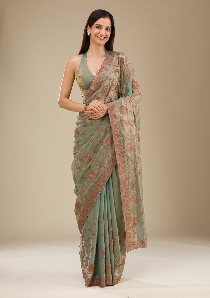 Pista Green Threadwork Raw Silk Saree