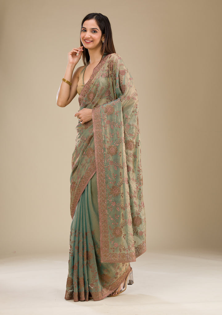 Pista Green Threadwork Raw Silk Saree