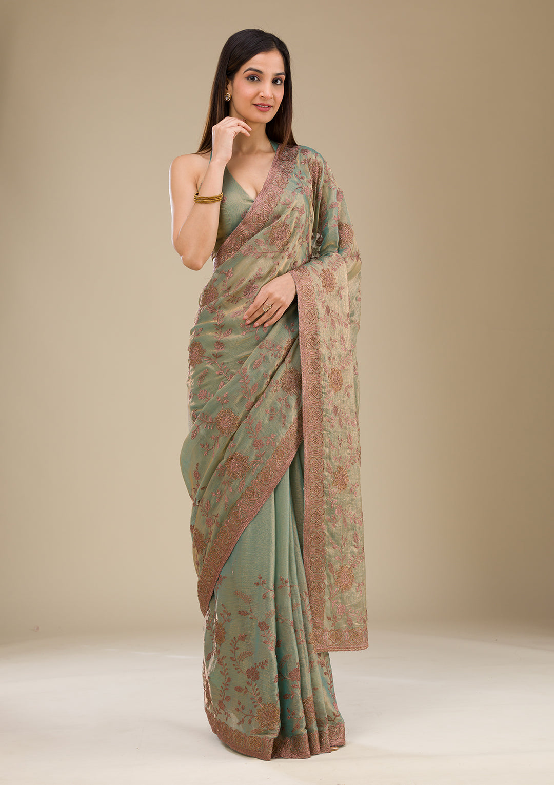 Pista Green Threadwork Raw Silk Saree