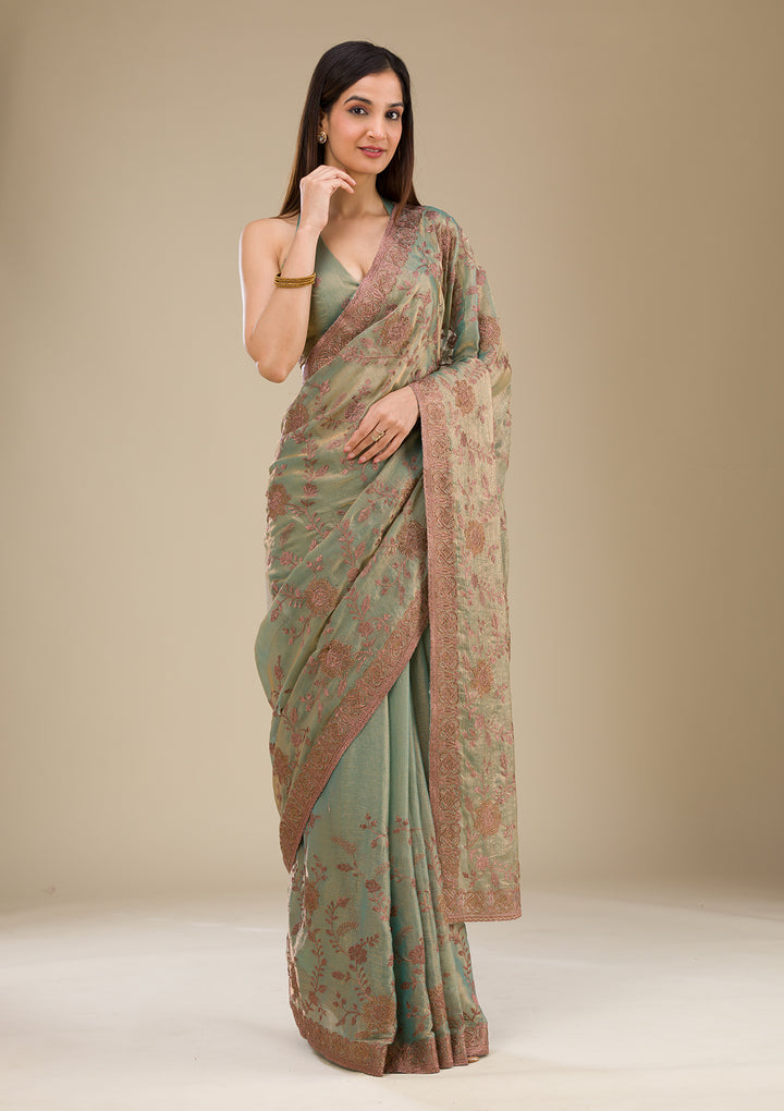 Pista Green Threadwork Raw Silk Saree