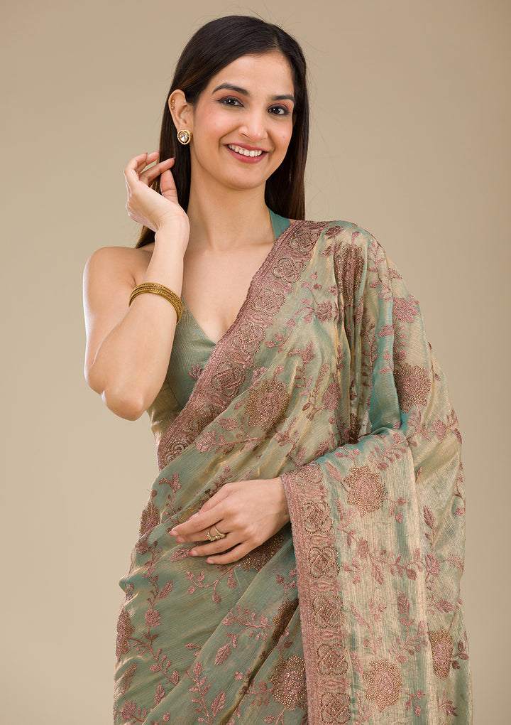 Pista Green Threadwork Raw Silk Saree