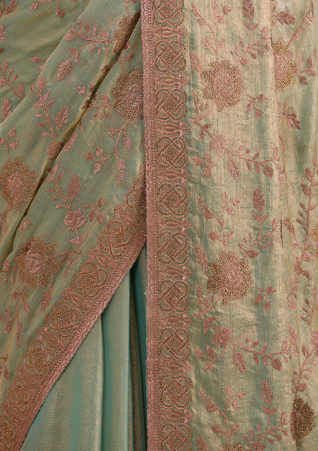 Pista Green Threadwork Raw Silk Saree