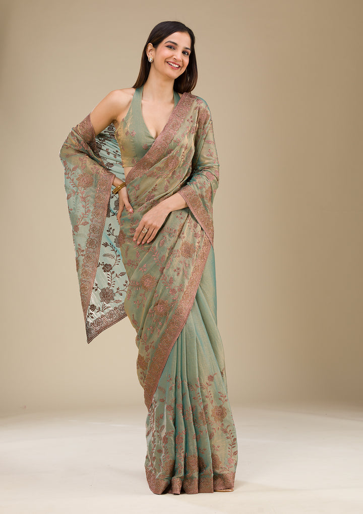 Pista Green Threadwork Raw Silk Saree