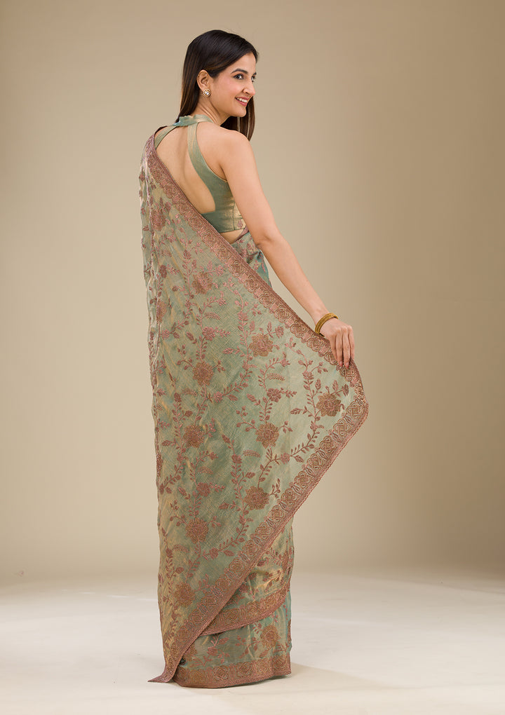 Pista Green Threadwork Raw Silk Saree