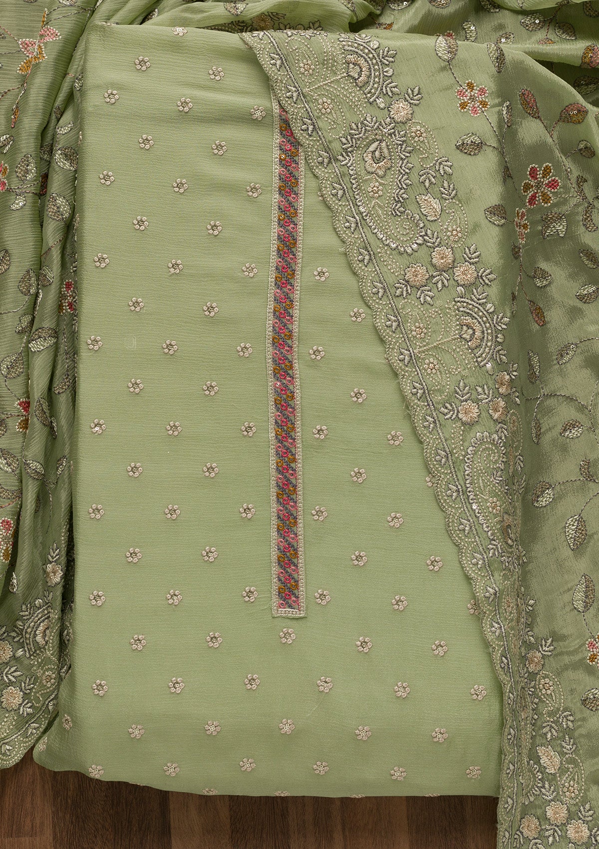Pista Green Threadwork Semi Crepe Unstitched Salwar Suit