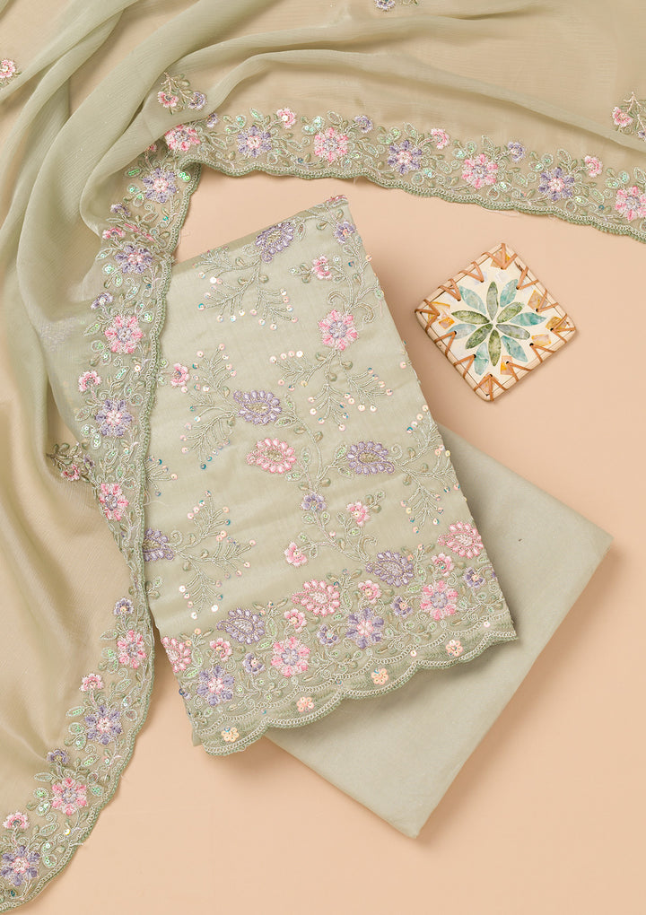 Pista Green Threadwork Semi Crepe Unstitched Salwar Suit