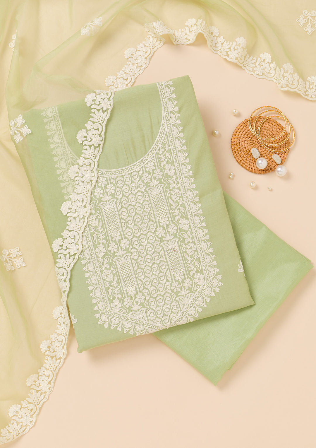 Pista Green Threadwork Semi Crepe Unstitched Salwar Suit