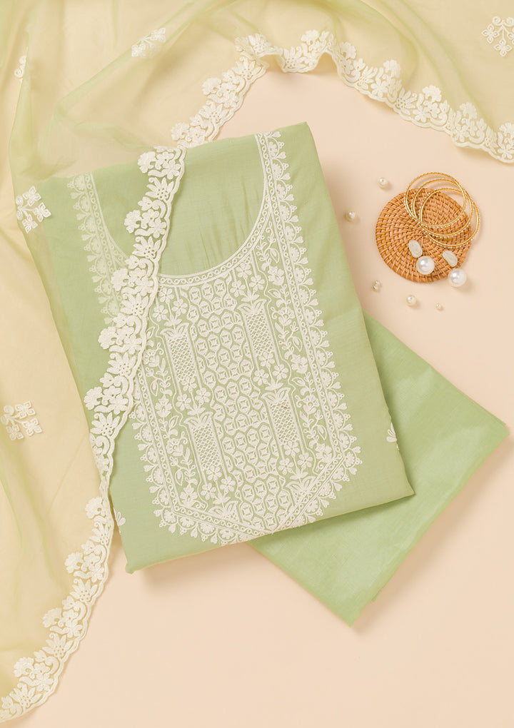 Pista Green Threadwork Semi Crepe Unstitched Salwar Suit