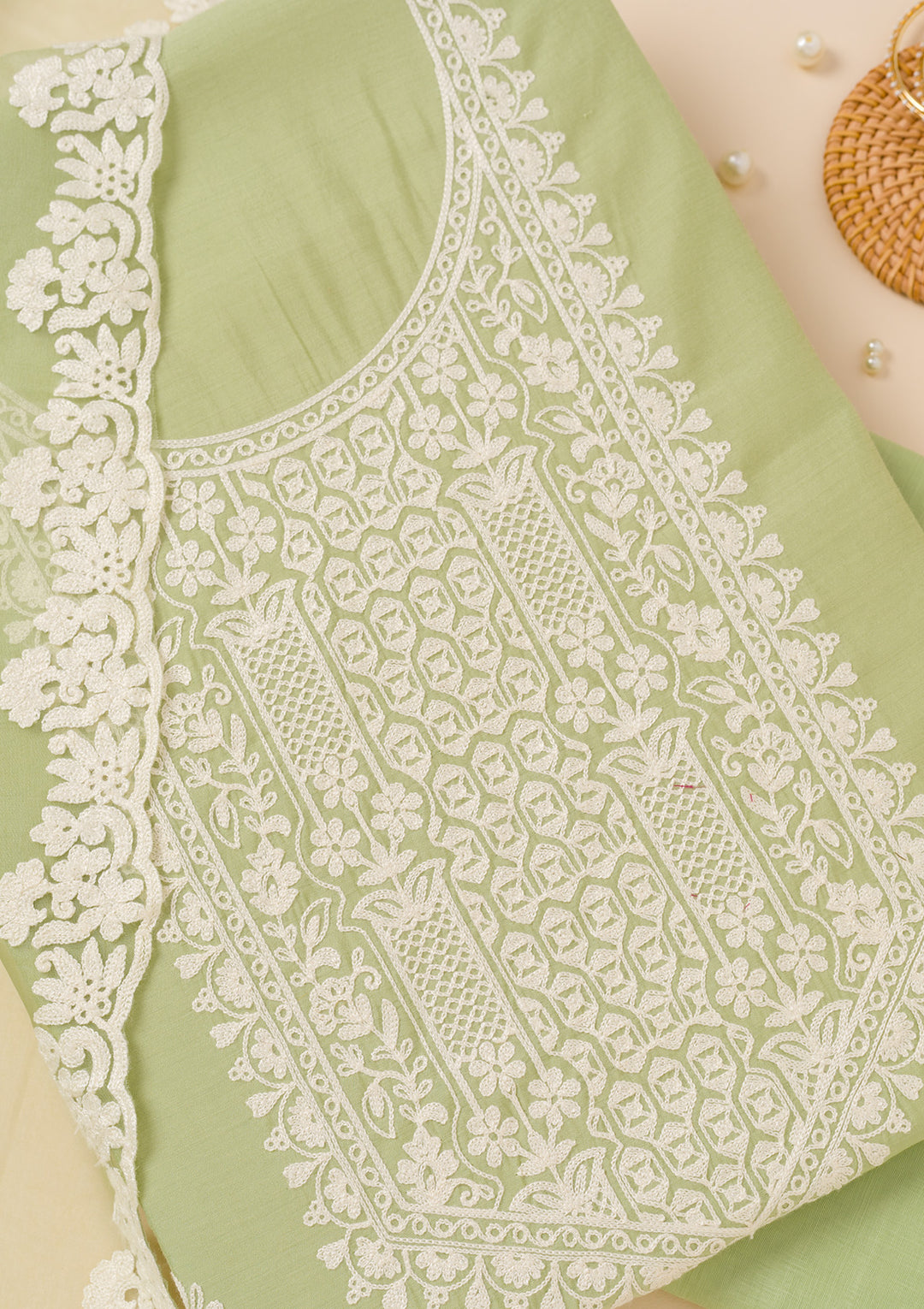 Pista Green Threadwork Semi Crepe Unstitched Salwar Suit