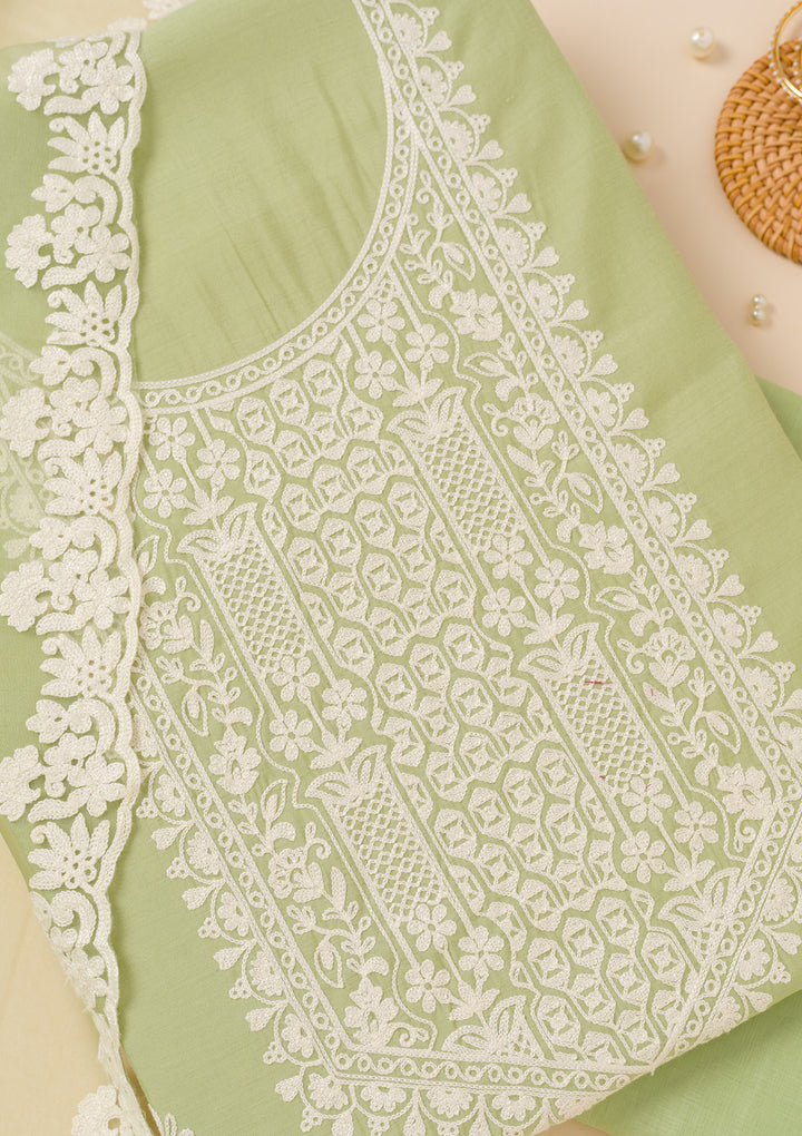 Pista Green Threadwork Semi Crepe Unstitched Salwar Suit