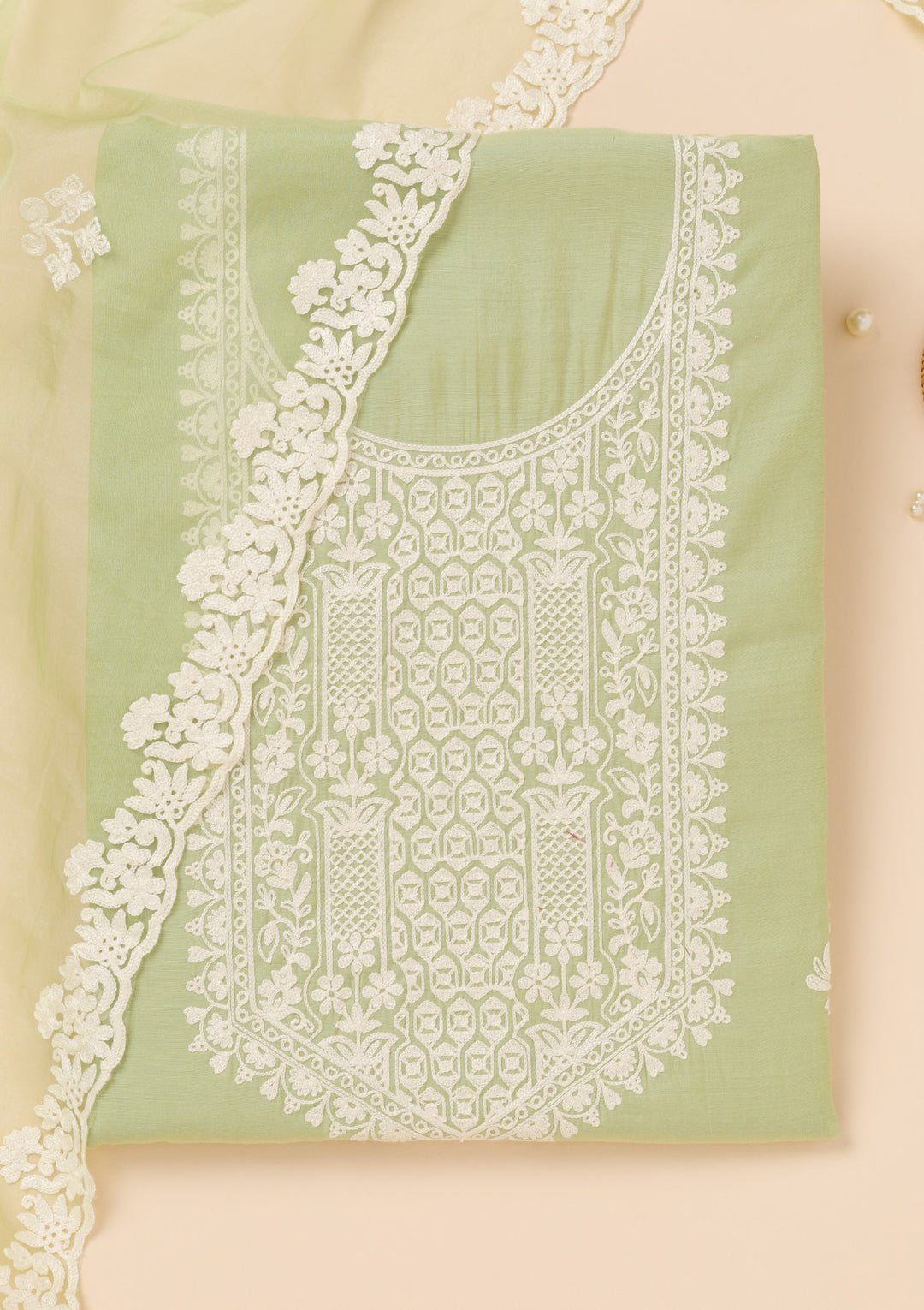 Pista Green Threadwork Semi Crepe Unstitched Salwar Suit
