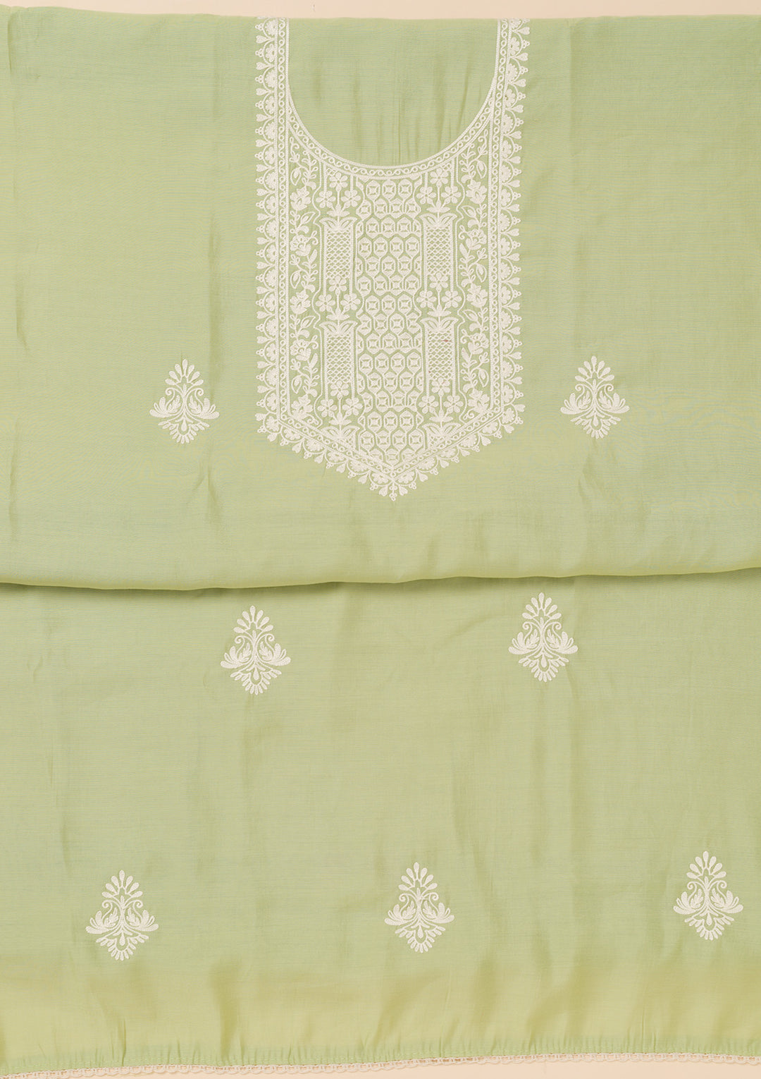 Pista Green Threadwork Semi Crepe Unstitched Salwar Suit