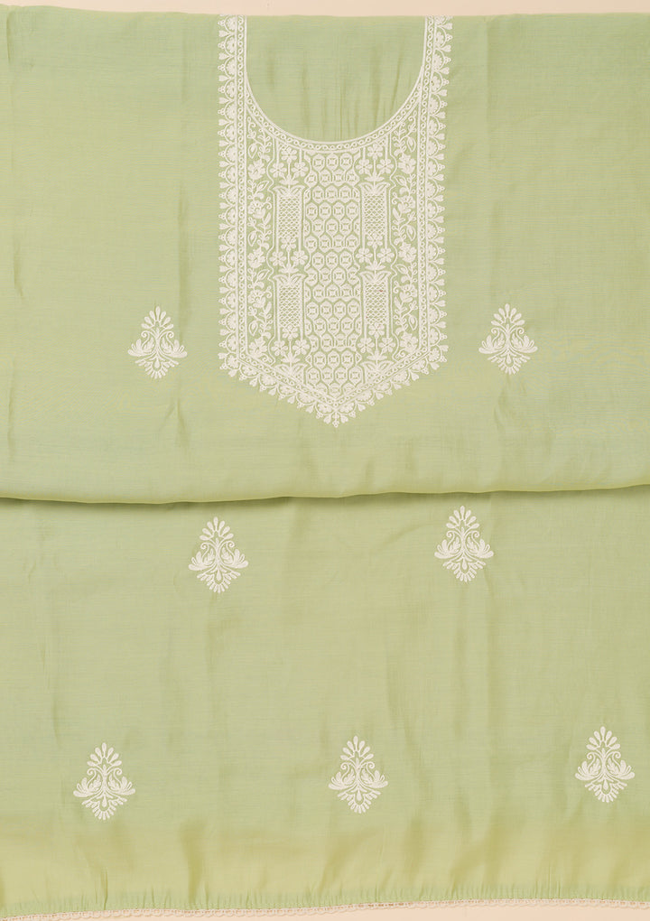 Pista Green Threadwork Semi Crepe Unstitched Salwar Suit