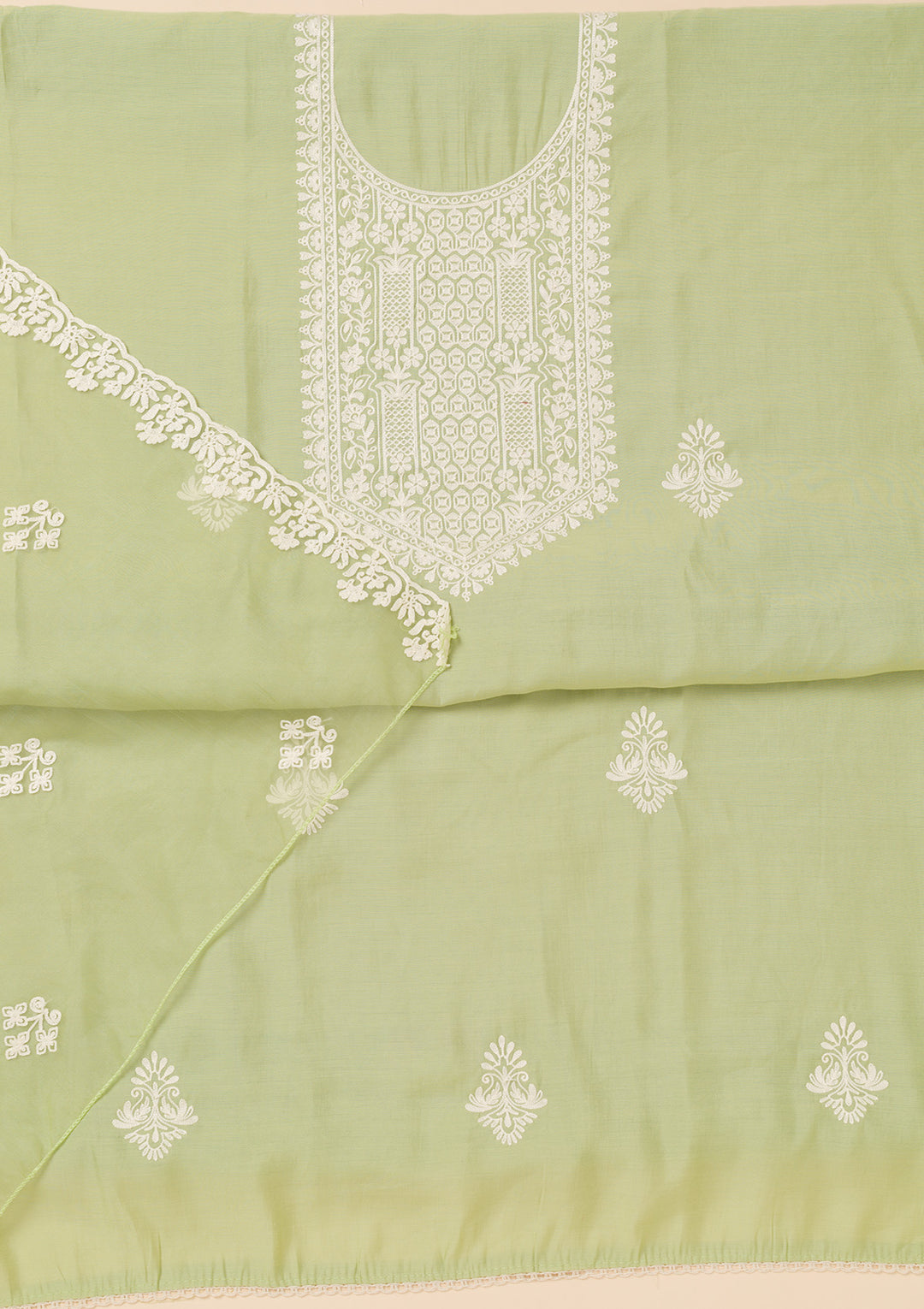 Pista Green Threadwork Semi Crepe Unstitched Salwar Suit