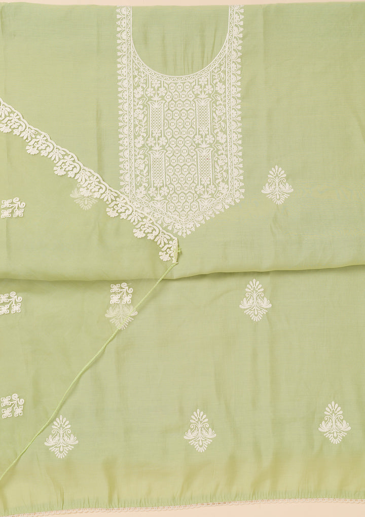 Pista Green Threadwork Semi Crepe Unstitched Salwar Suit
