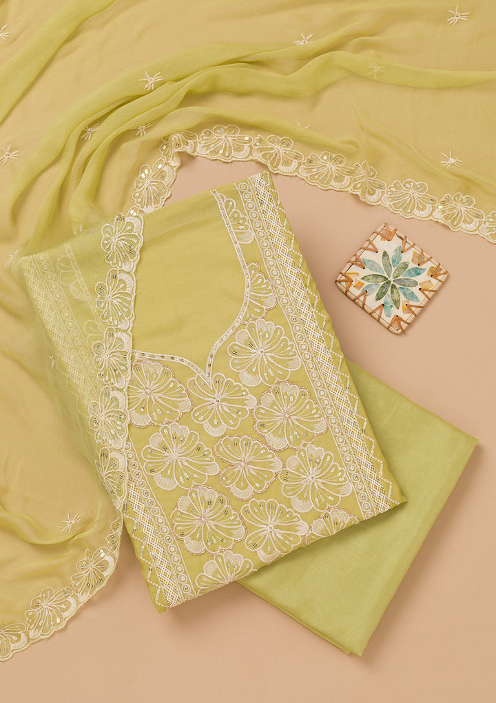 Pista Green Threadwork Semi Crepe Unstitched Salwar Suit
