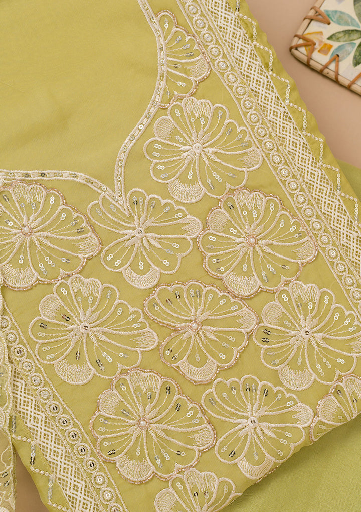 Pista Green Threadwork Semi Crepe Unstitched Salwar Suit