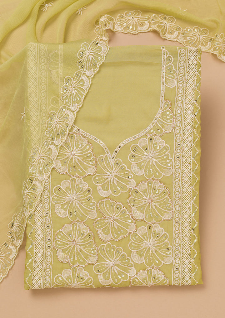Pista Green Threadwork Semi Crepe Unstitched Salwar Suit