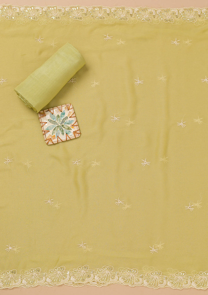 Pista Green Threadwork Semi Crepe Unstitched Salwar Suit