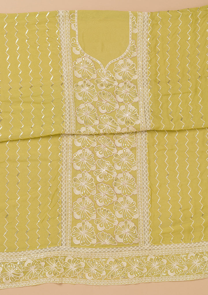 Pista Green Threadwork Semi Crepe Unstitched Salwar Suit