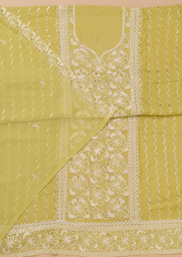 Pista Green Threadwork Semi Crepe Unstitched Salwar Suit