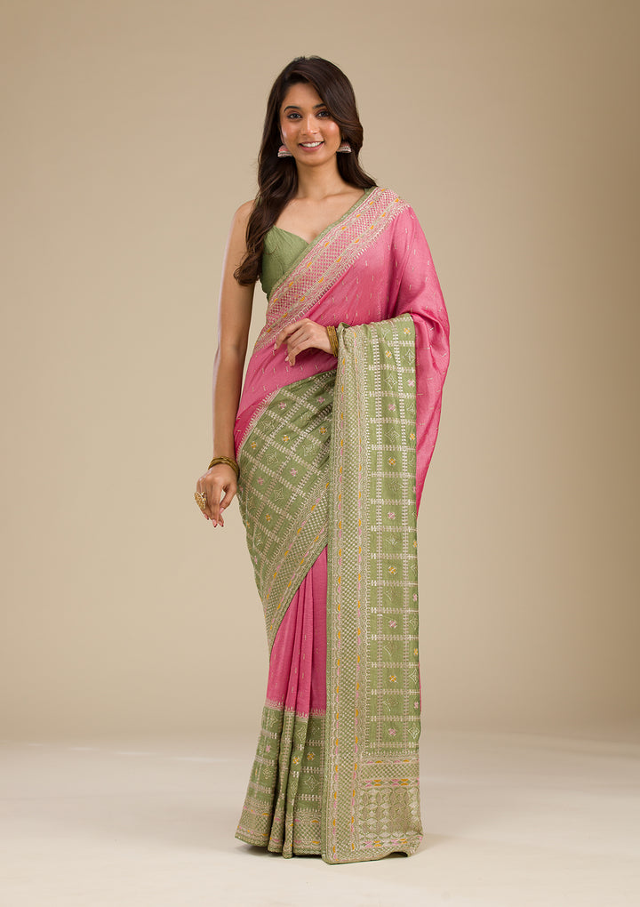 Pista Green Threadwork Soft Silk Saree