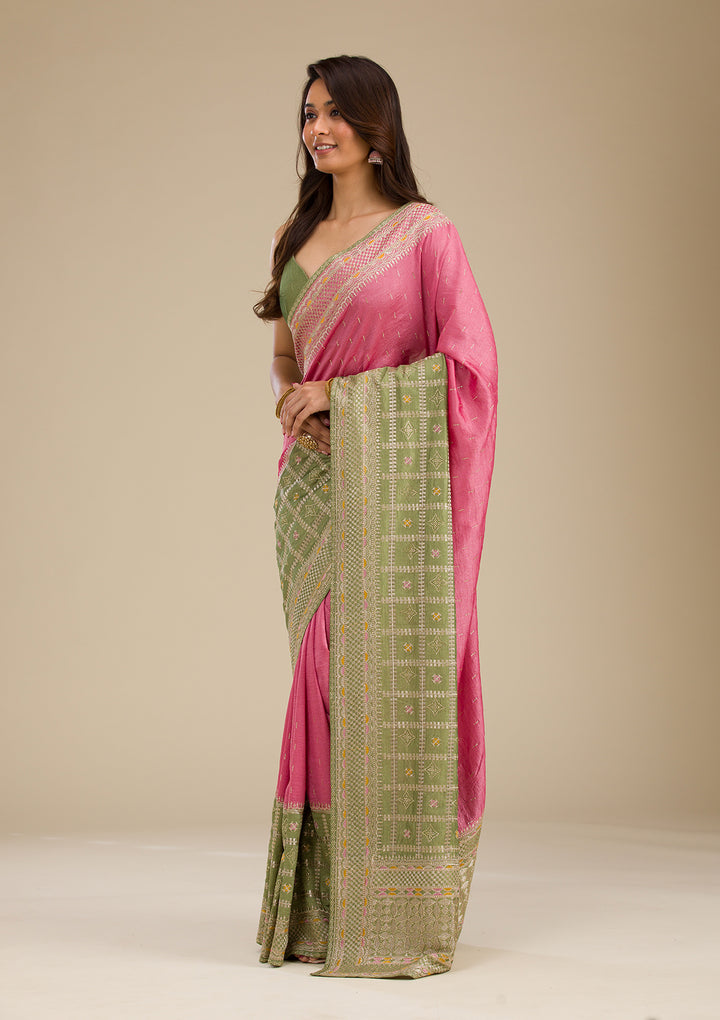 Pista Green Threadwork Soft Silk Saree
