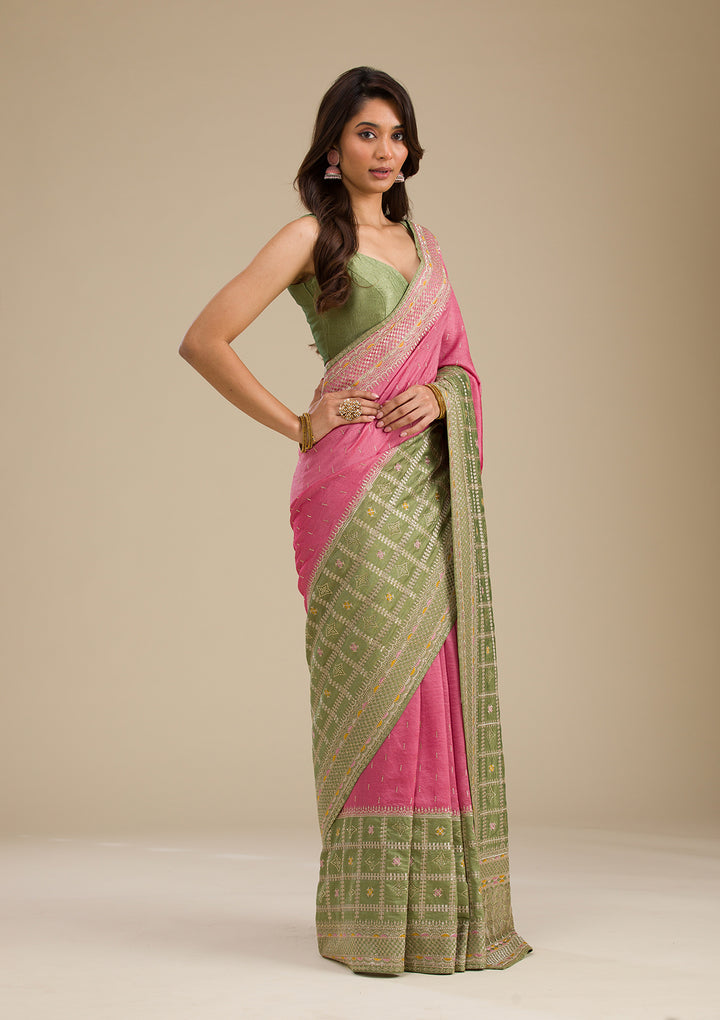 Pista Green Threadwork Soft Silk Saree