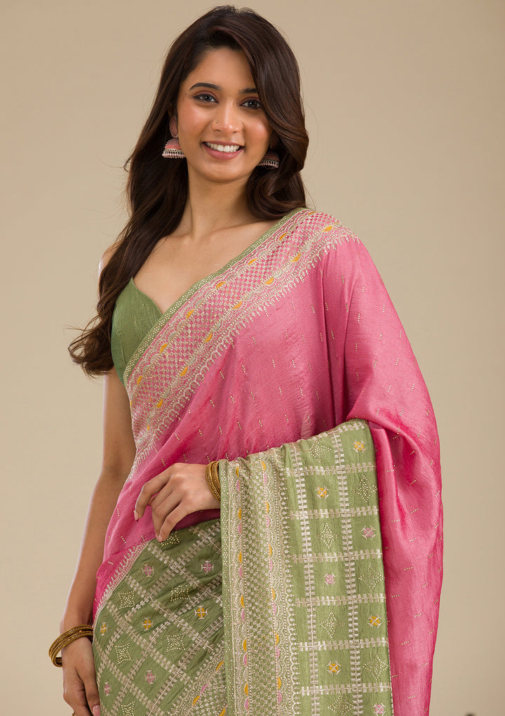 Pista Green Threadwork Soft Silk Saree