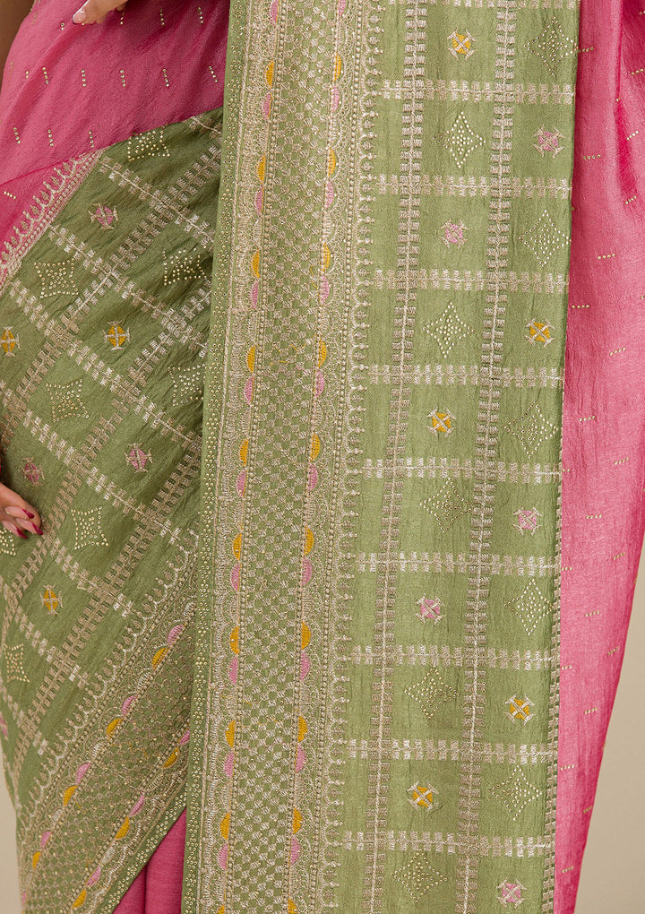 Pista Green Threadwork Soft Silk Saree