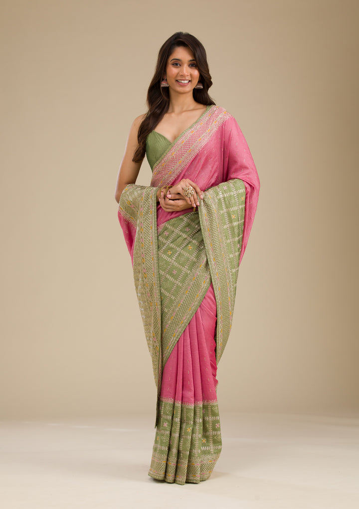 Pista Green Threadwork Soft Silk Saree