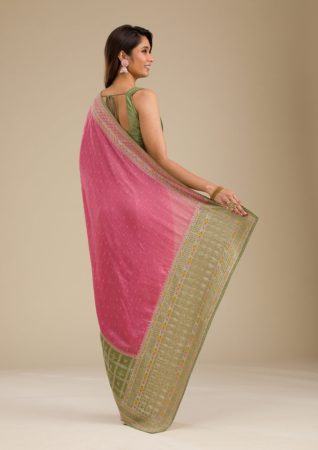 Pista Green Threadwork Soft Silk Saree