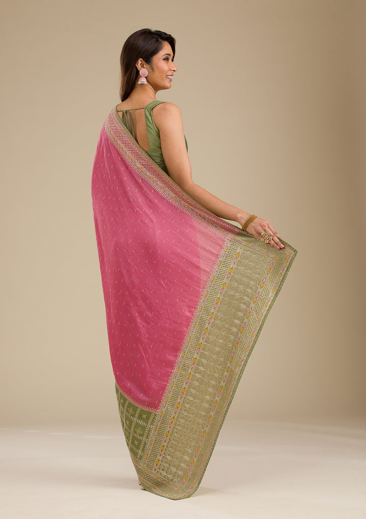 Pista Green Threadwork Soft Silk Saree