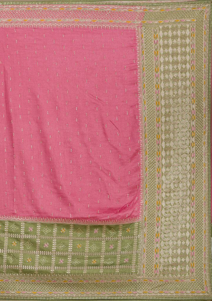 Pista Green Threadwork Soft Silk Saree