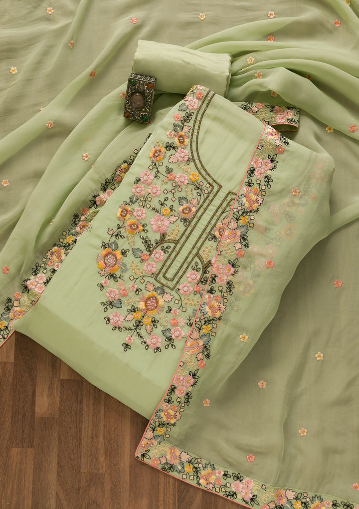Pista Green Threadwork Tissue Unstitched Salwar Suit-Koskii