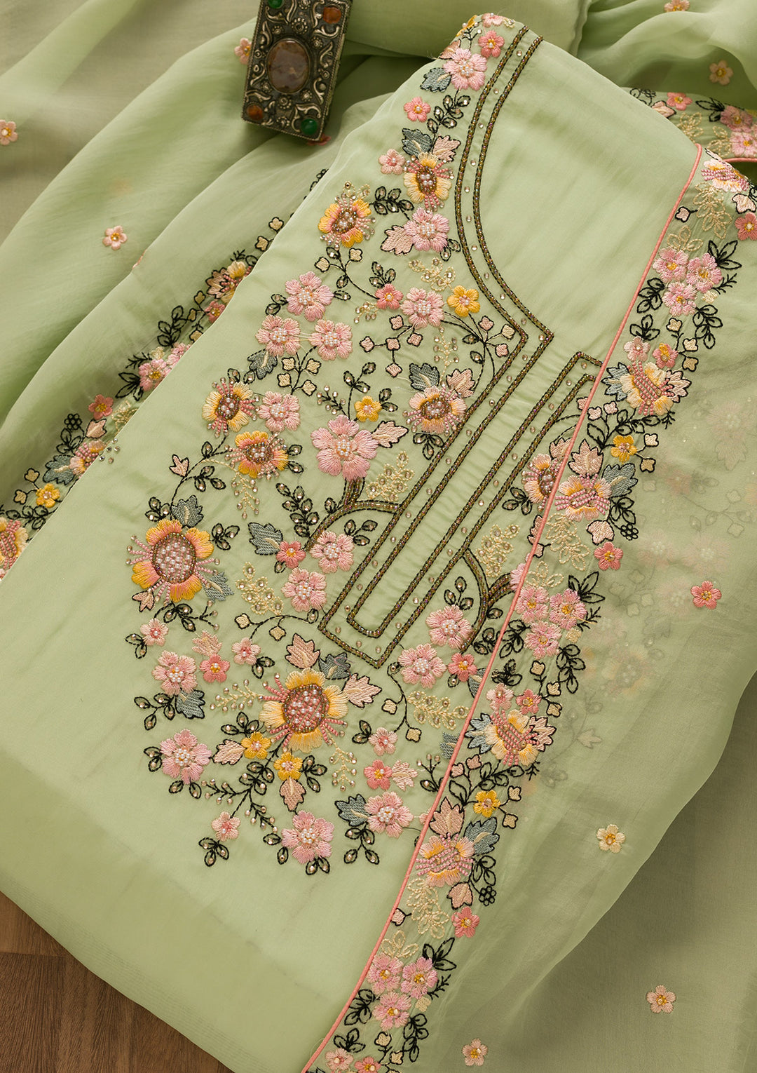 Pista Green Threadwork Tissue Unstitched Salwar Suit-Koskii