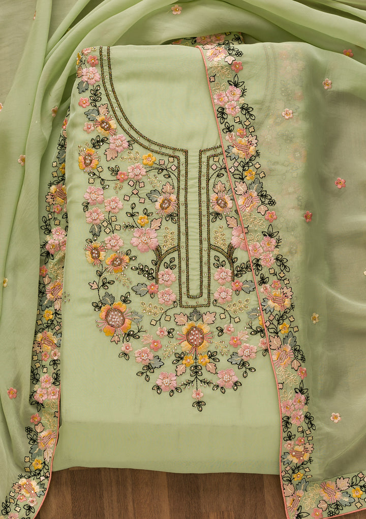 Pista Green Threadwork Tissue Unstitched Salwar Suit-Koskii