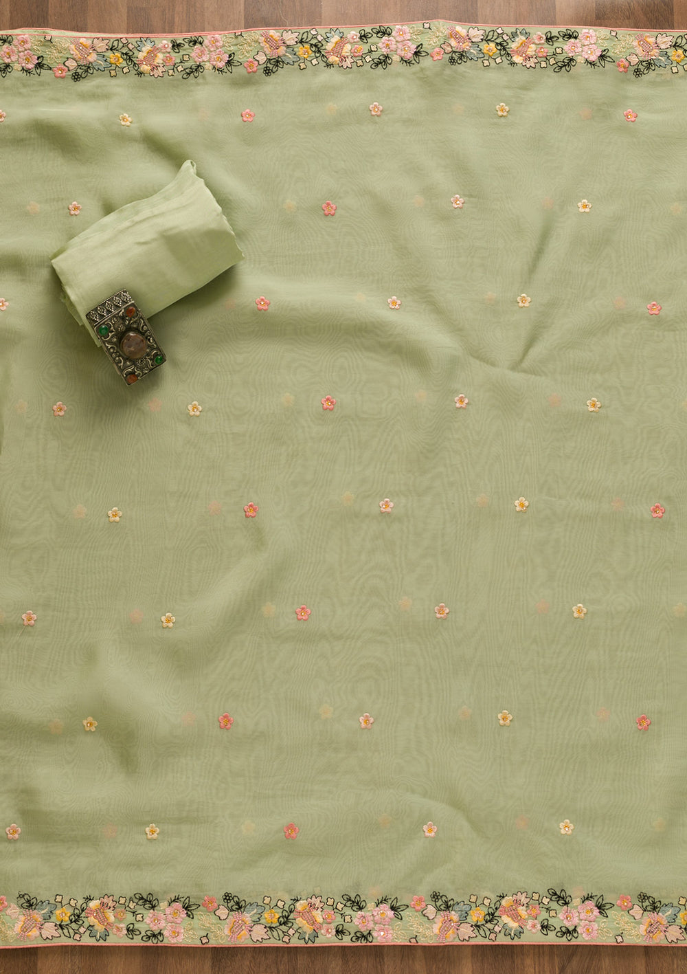 Pista Green Threadwork Tissue Unstitched Salwar Suit-Koskii