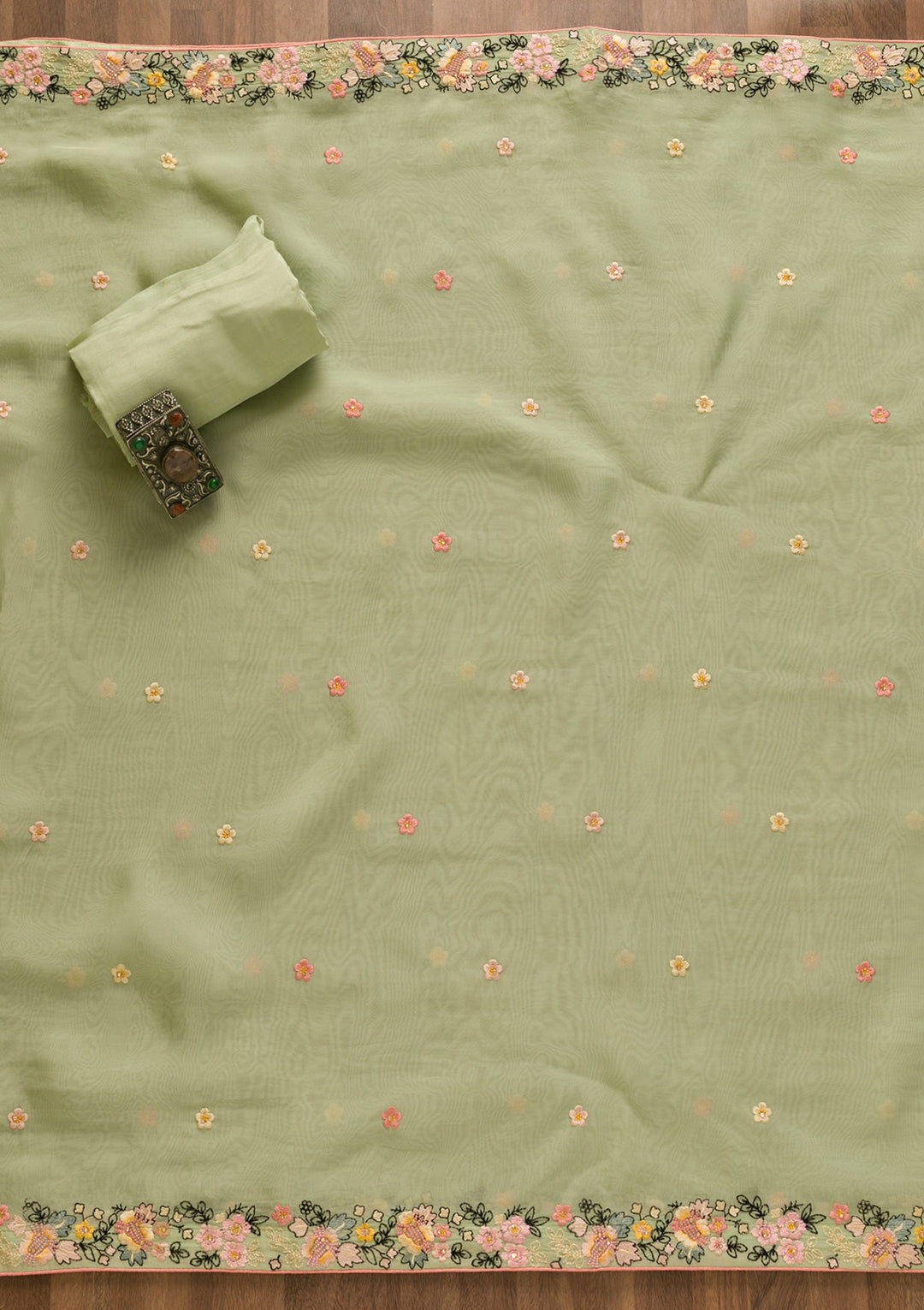Pista Green Threadwork Tissue Unstitched Salwar Suit-Koskii