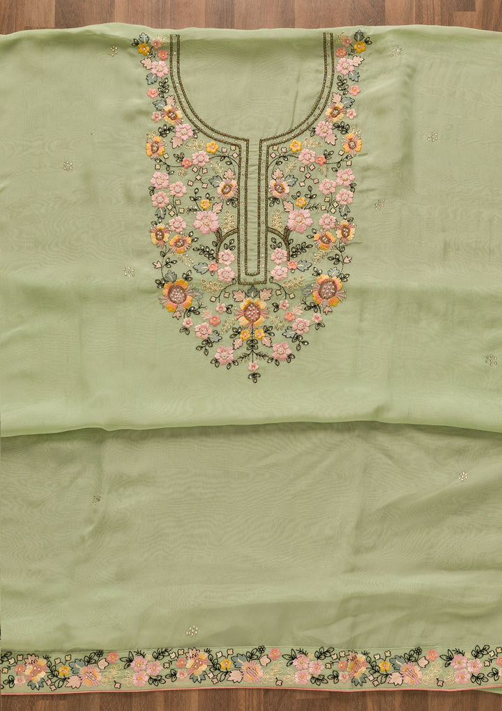 Pista Green Threadwork Tissue Unstitched Salwar Suit-Koskii