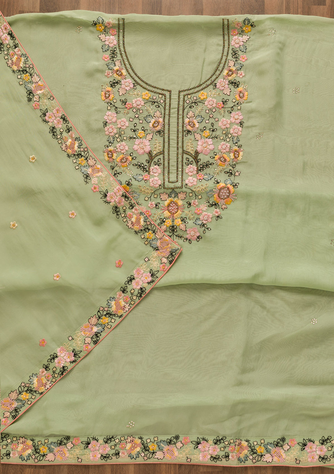 Pista Green Threadwork Tissue Unstitched Salwar Suit-Koskii